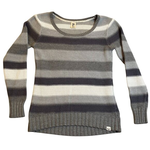 Roxy Women's Sweater Medium Striped Knit Gray & White Long Sleeve Scoop Neck - Picture 1 of 9